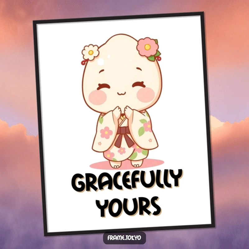 Funny happy mochi character in a floral kimono gracefully bowing, presented as charming art.