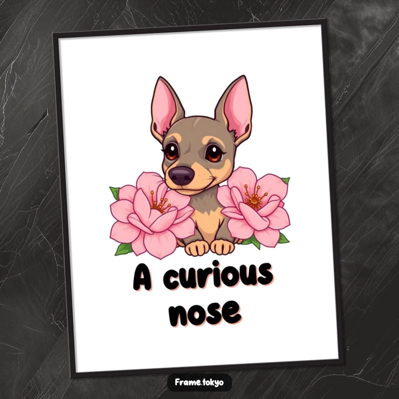 Funny pinscher poster capturing a dog with a curious head tilt, sniffing giant, sweet-smelling flowers with gentle fascination.