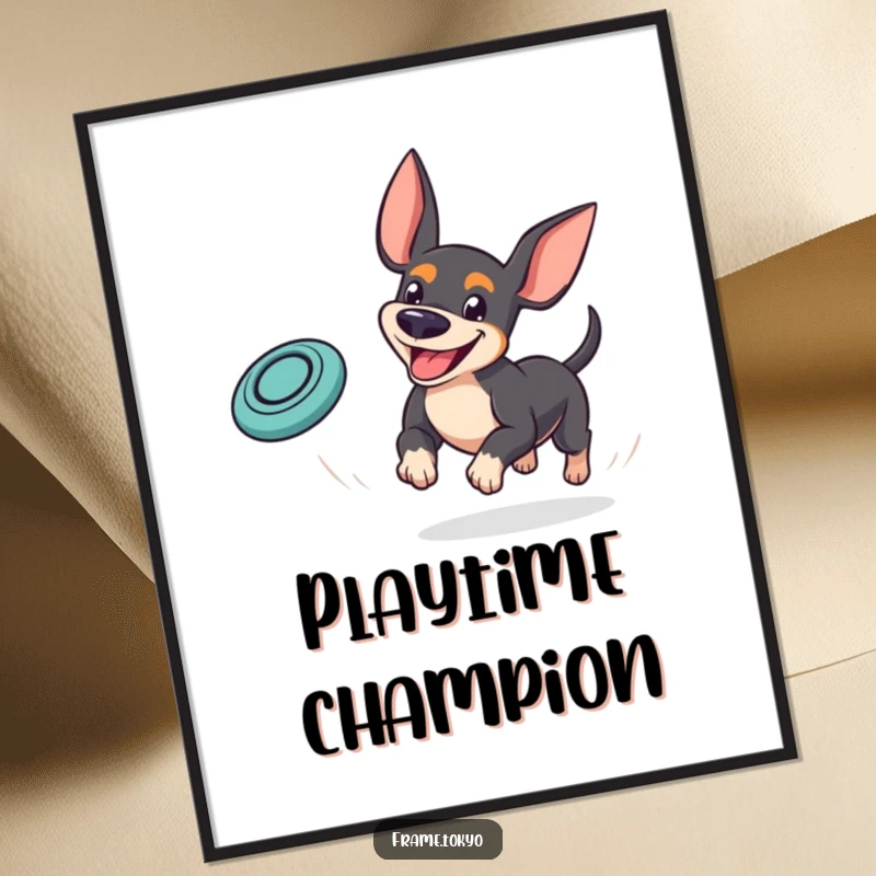 Funny pinscher poster capturing a dog with a goofy grin playfully chasing a bouncing mini frisbee, embodying pure playtime joy.