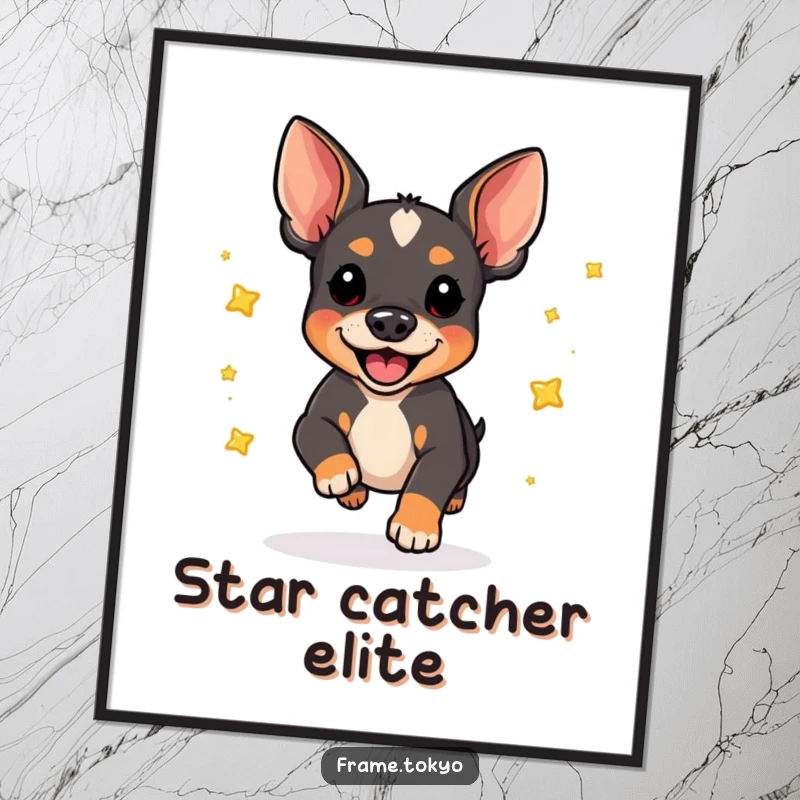 Funny pinscher dog poster, showcasing a joyful pounce with tiny, shiny stars erupting around it. Captures exhilarating motion.