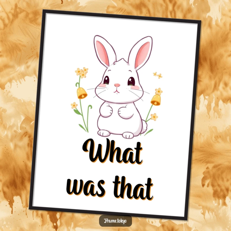 Funny poster art of a rabbit with attentive ears, listening to the gentle chime produced by tiny, bell-shaped flowers.