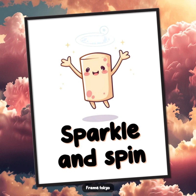 Funny cylindrical character poster capturing the motion of spinning with arms outstretched, surrounded by a magical halo of sparkles.