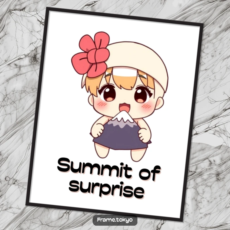 Funny poster showcasing a surprised character clutching a tiny Mount Fuji, perfect for wall art that adds humor and adventure.