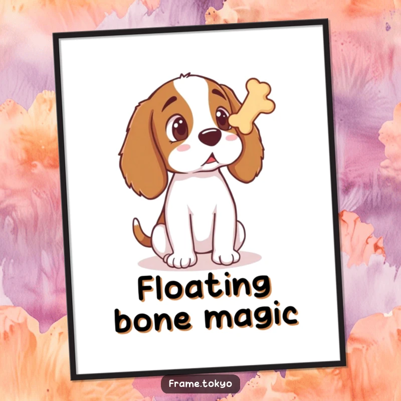 Funny Spaniel Poster illustrating a spaniel's comically shocked face as it watches a bone treat hover magically in the air.