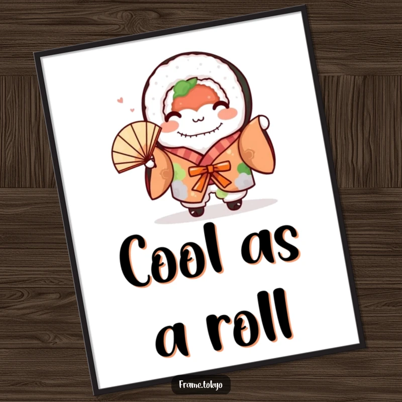 Funny sushi roll character in a colorful kimono, waving a small fan with enthusiasm, presented as art.