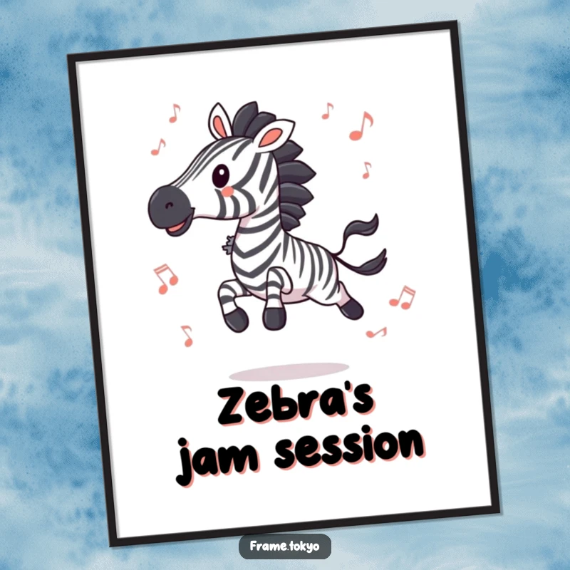 Funny zebra in mid-leap with abstract musical notes swirling, creating a dynamic and hilarious piece of wall art.