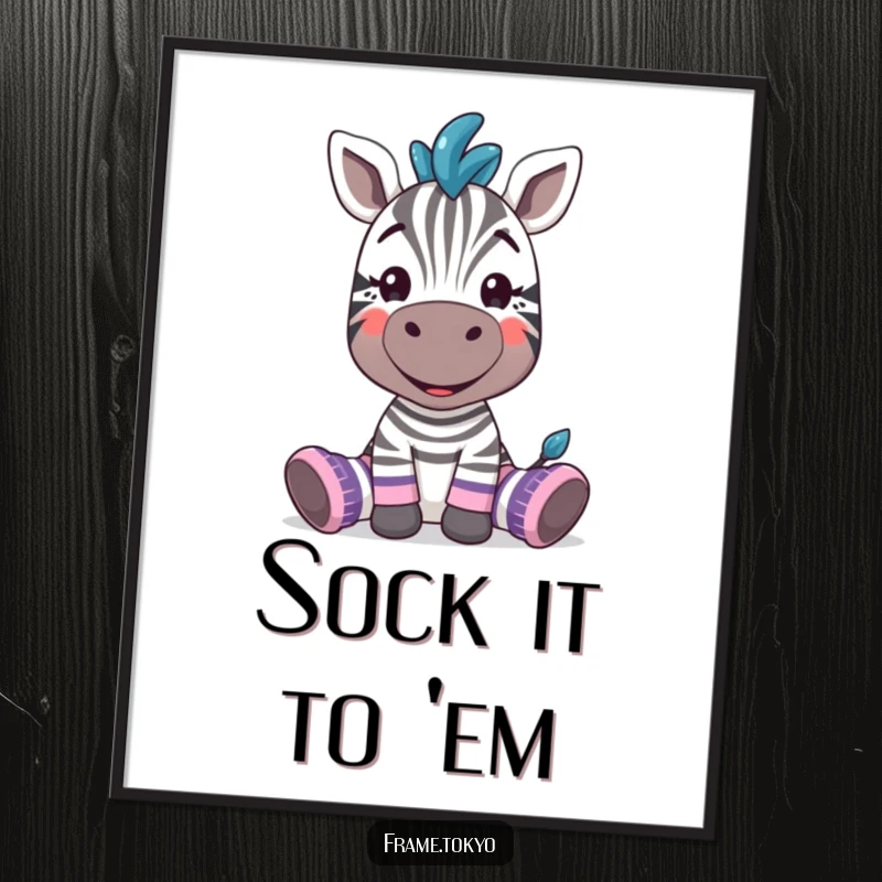 Funny zebra with a silly grin, wearing prominent oversized, mismatched socks, creating humorous wall art.