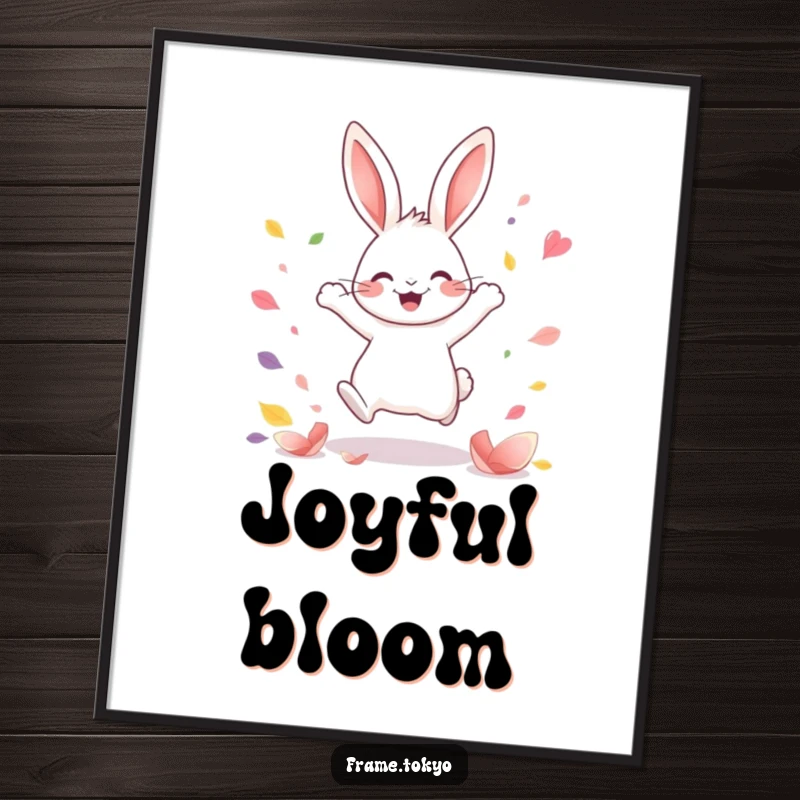 Funny Kawaii rabbit poster print of a joyful rabbit leaping happily through abstract colorful petals, conveying pure bliss.