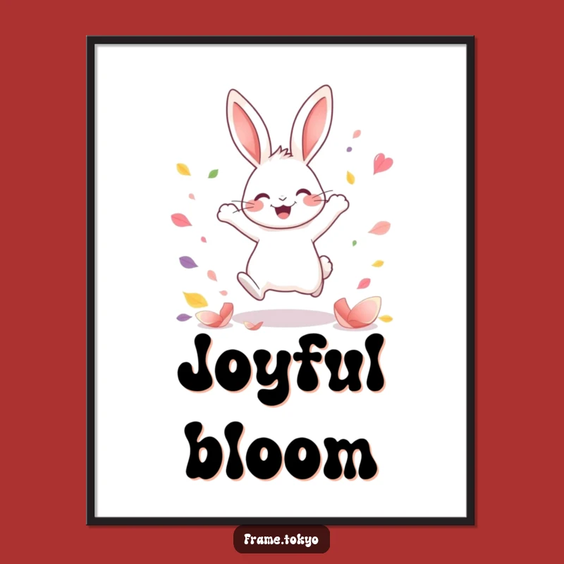 Funny Kawaii Rabbit Poster: Joyful Leap Art, Petal Shower, Whimsical Decor