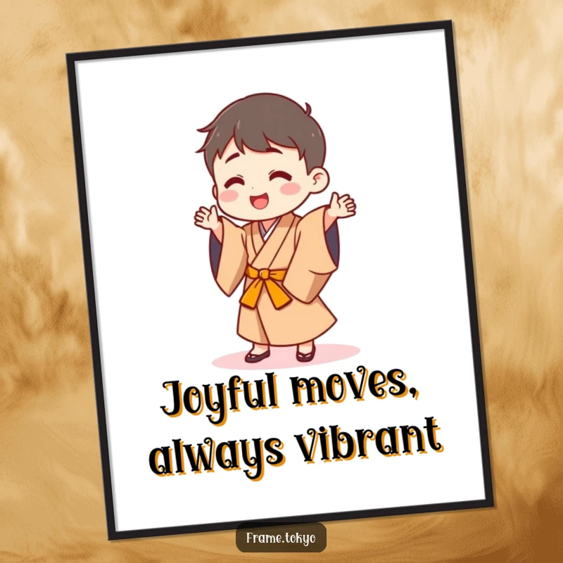 Funny poster showcasing a small, happy character wearing a Japanese robe, captured mid-silly dance, full of life.