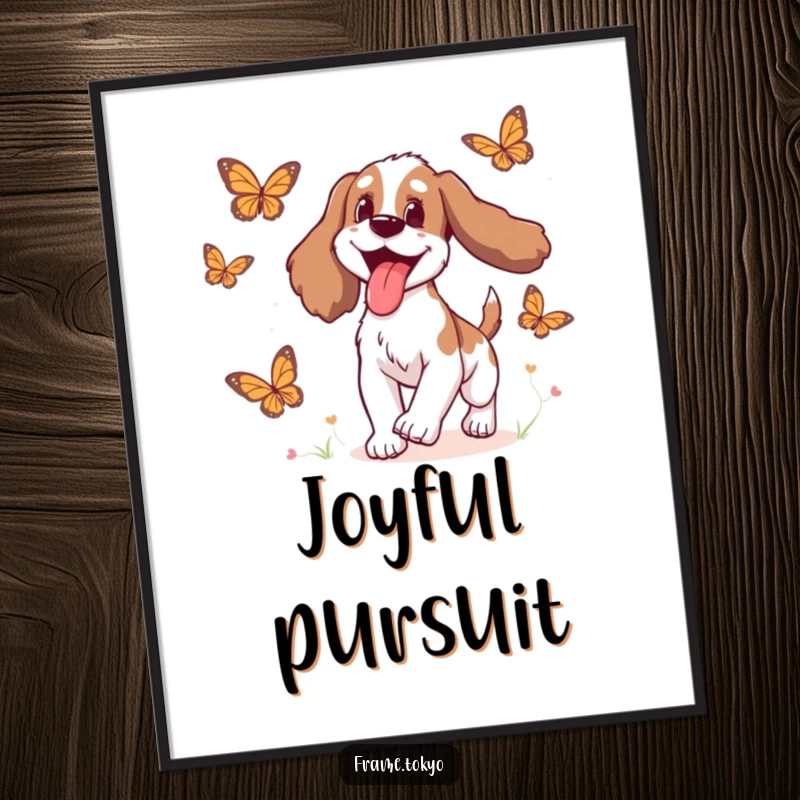 Funny Spaniel Poster showcasing a spaniel with its tongue lolling out in delight, enthusiastically chasing animated butterflies.