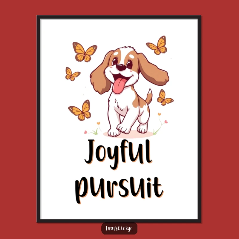 Funny Delighted Spaniel Poster: Whimsical Butterfly Chase Art!