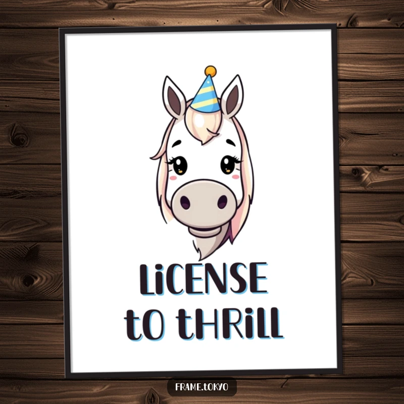 Funny dopey horse party hat poster, a vibrant and humorous wall art piece that captures a moment of pure, unbridled equine merriment.