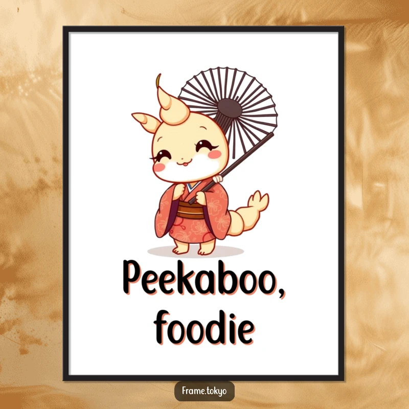 Funny kawaii tempura shrimp wearing a patterned kimono, peeking from behind a fan, presented as a delightful art print.