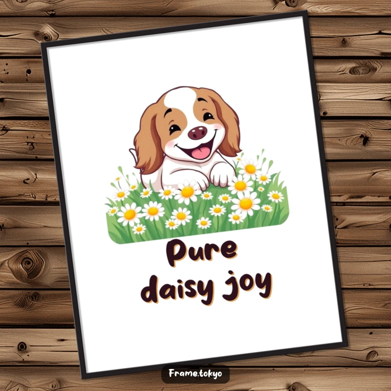 Funny Spaniel Poster showcasing a spaniel with a wide, joyful smile rolling happily in a lush field adorned with daisy flowers.