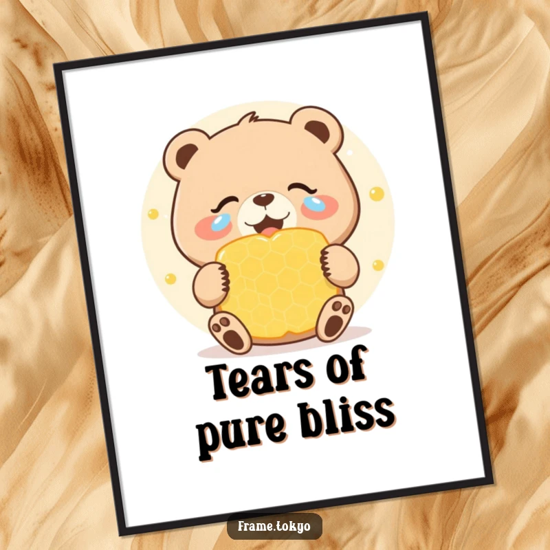 Funny poster art of a bear crying tears of joy while celebrating a giant, sweet honeycomb, radiating humorous happiness and delight.