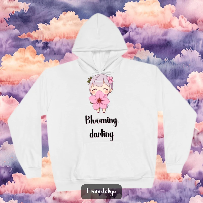 Funny Hoodie: Smiling character with closed eyes, hugging a beautiful, oversized cherry blossom, radiating pure bliss.
