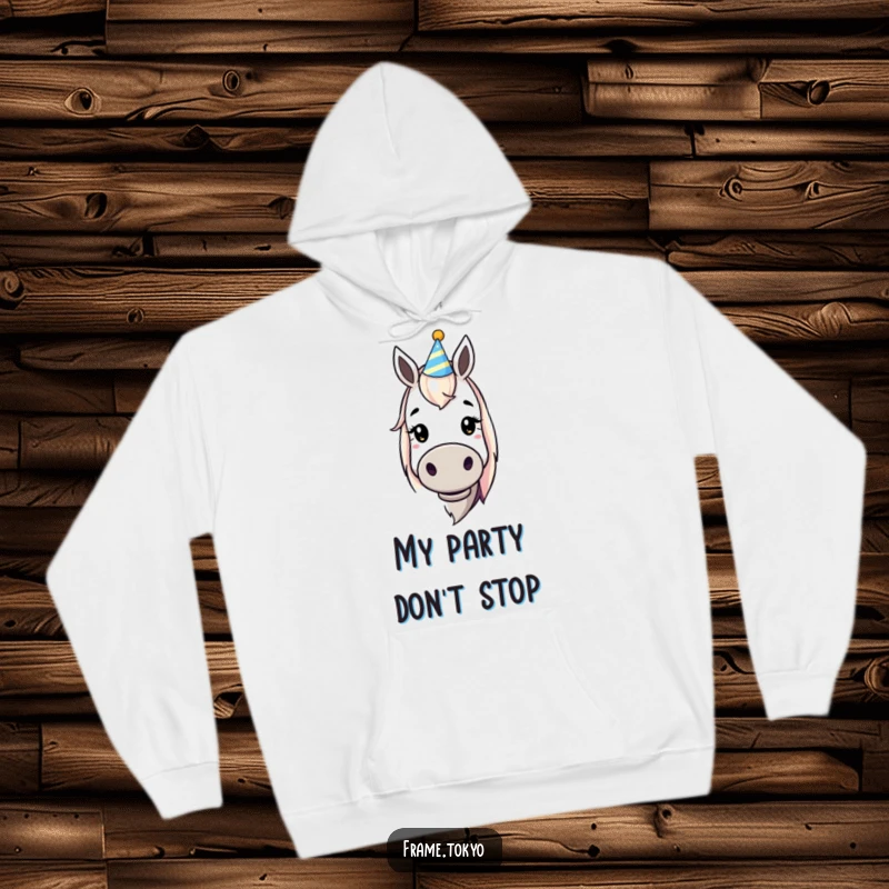 Funny dopey horse wearing a party hat hoodie, offering ultimate comfort and a burst of infectious humor for cozy, lighthearted days.