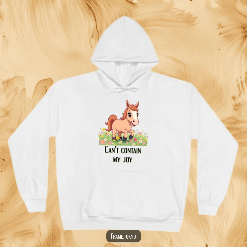 Funny excited horse flower field hoodie, offering warmth and a visual escape into a scene of playful, energetic freedom and natural beauty.