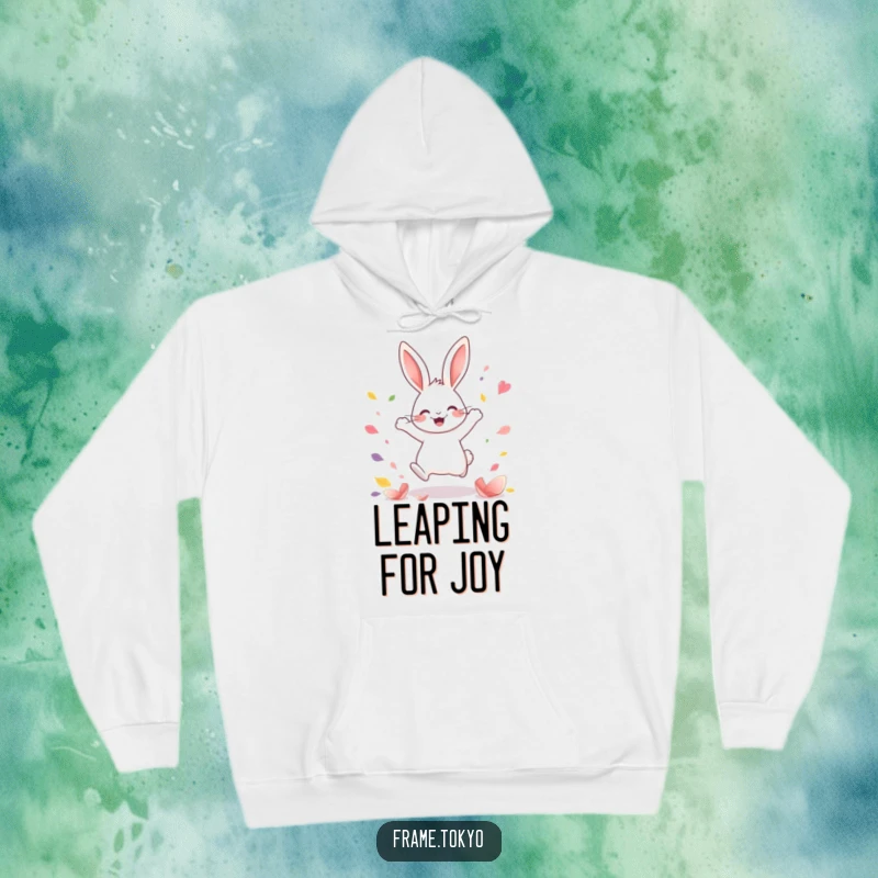 Funny Kawaii rabbit hoodie showing a joyful rabbit in a happy leap, surrounded by abstract colorful petals, cozy and uplifting.