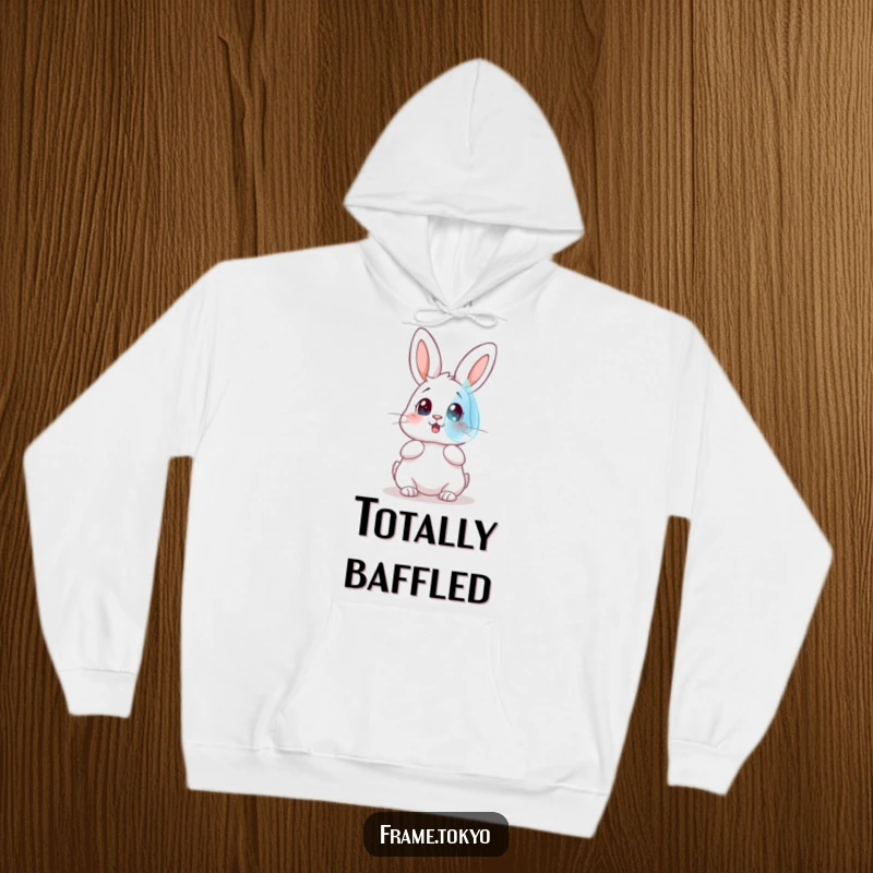 Funny hoodie featuring a rabbit with a surprised expression, staring up at a gigantic, floating dewdrop, signifying amazement.