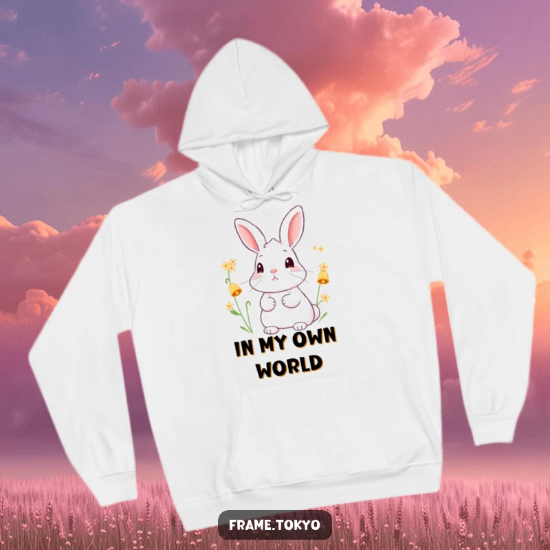 Funny hoodie graphic of a rabbit with alert ears, listening peacefully to the melodic chime of tiny, bell-shaped flowers.