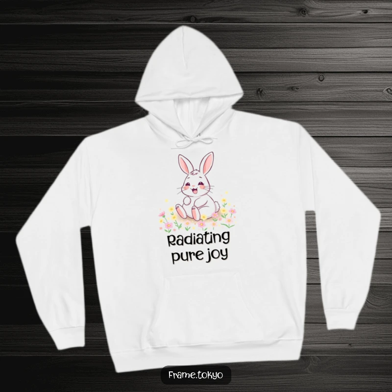 Funny hoodie featuring a happy rabbit with a wide grin, rolling ecstatically in a field of tiny, glowing, magical flowers.