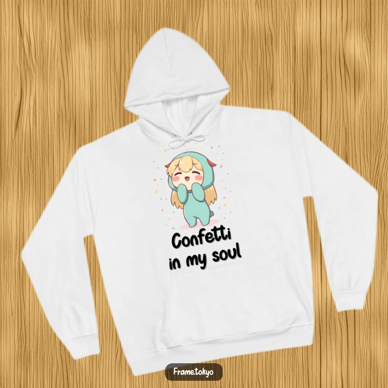 Funny Character Hoodie: Enthusiastic bowing character amidst abstract confetti, cozy and festive apparel.