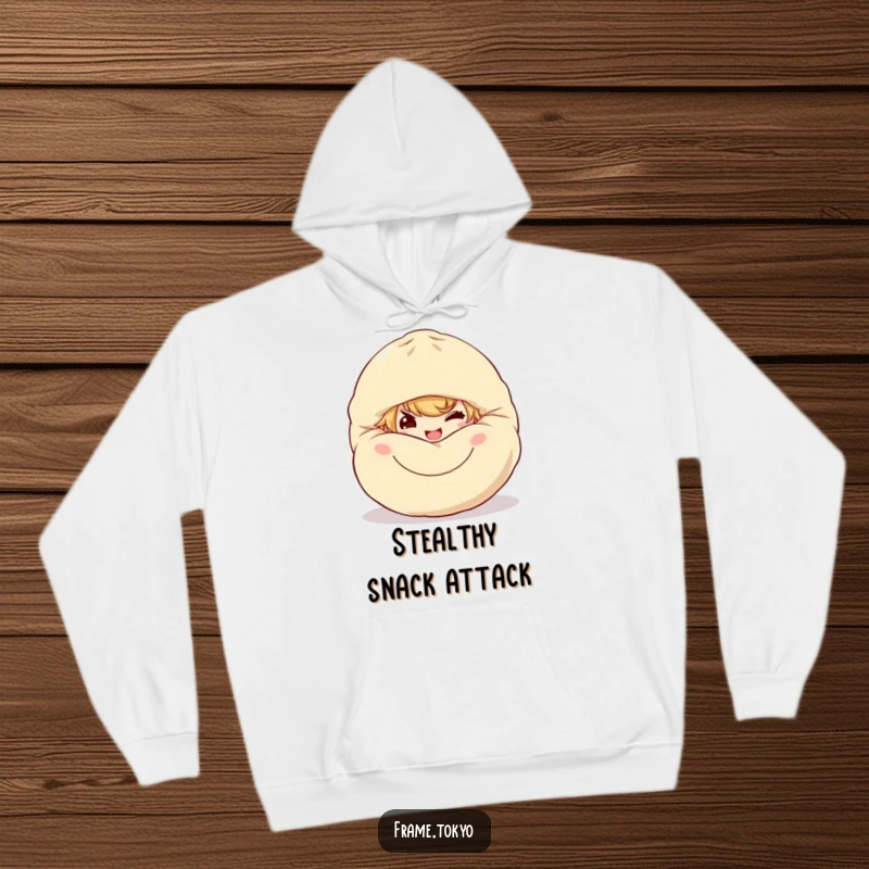Funny dumpling sneak hoodie depicting a character with a mischievous grin, hiding behind a large, happy dumpling.