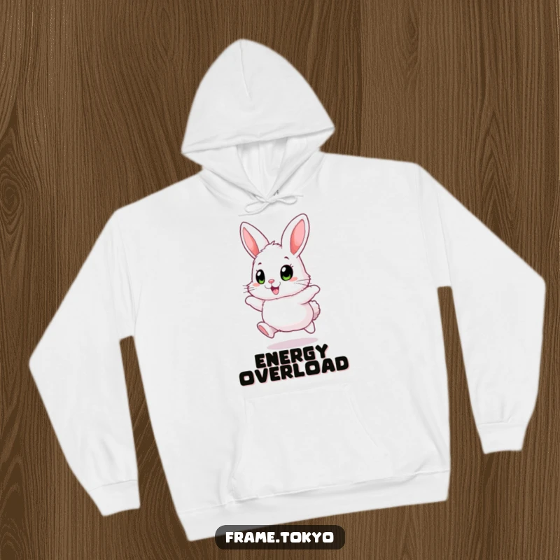 Funny Fluffy Rabbit Hoodie showing a rabbit hopping joyfully with big, excited eyes, for cozy humor.
