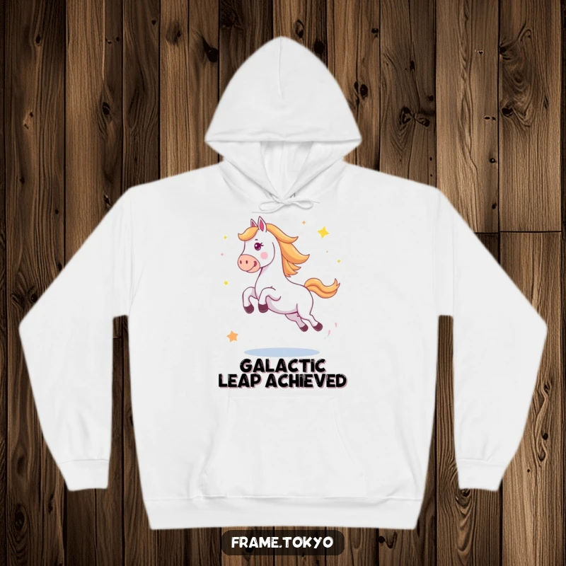 Funny horse hoodie featuring a horse in a big, happy jump with abstract stars scattering around, radiating celebratory vibes.