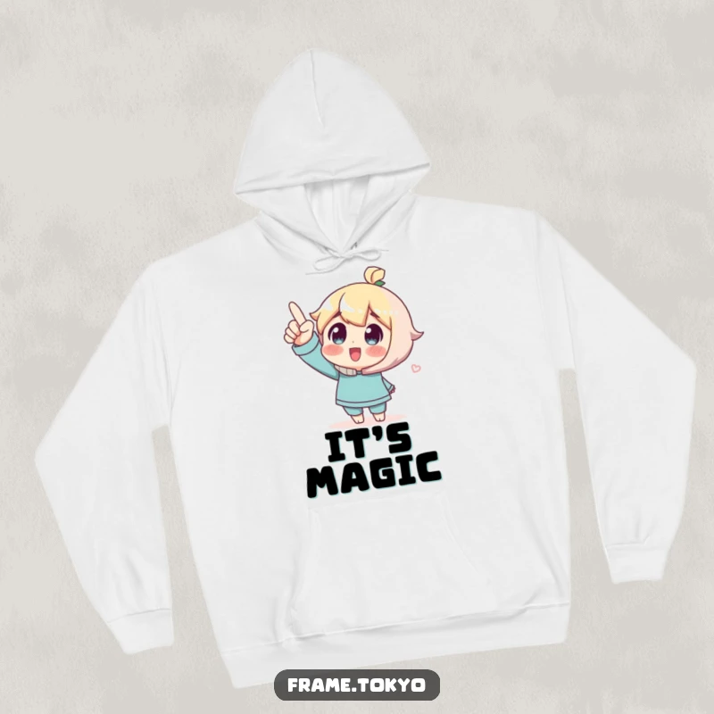 Funny Hoodie with a character excitedly pointing upwards, eyes full of wonder, perfect for cozy contemplation and inspiration.