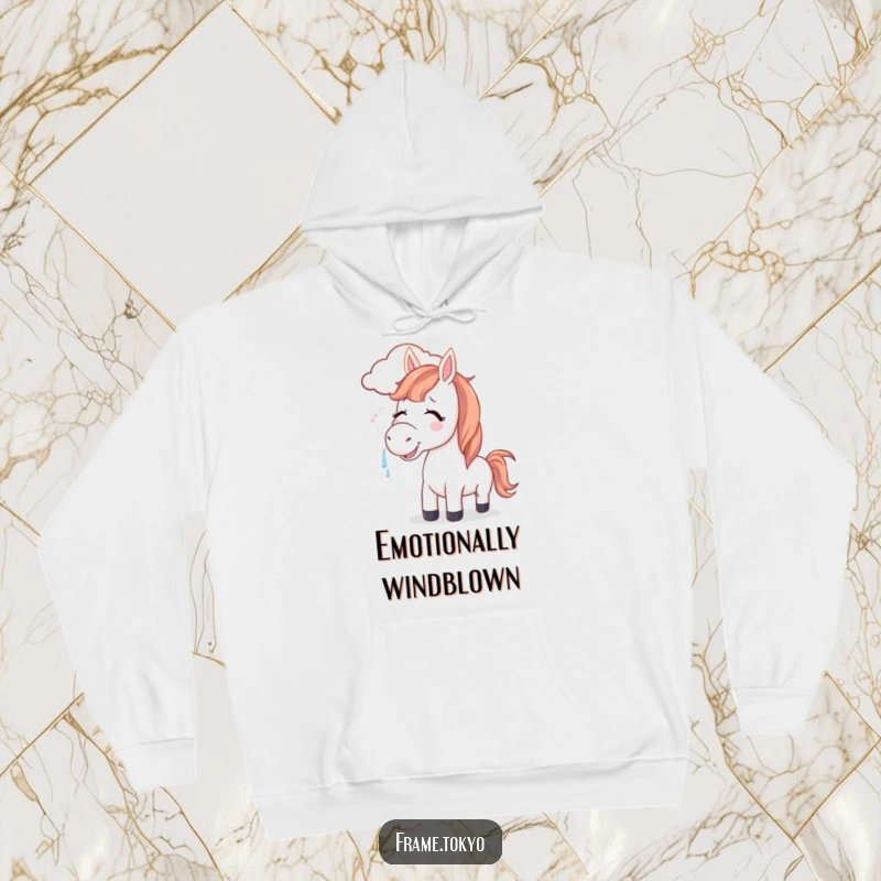 Funny horse hoodie showing a horse with tears of joy, mane softly blown by a cute, smiling cloud, radiating warmth.