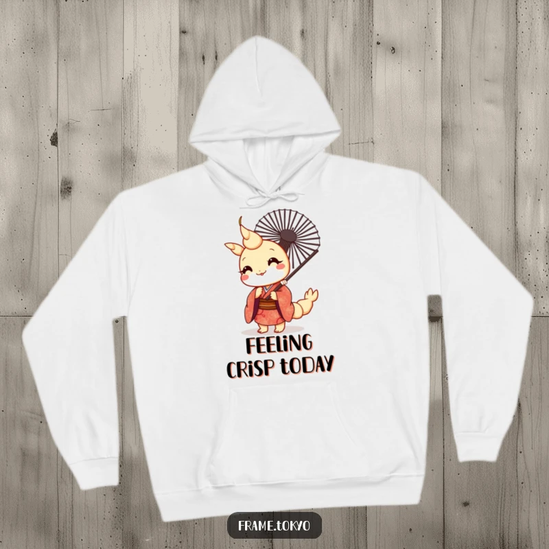 Funny kawaii tempura shrimp in a patterned kimono peeking behind a fan, printed on a soft, warm hoodie.