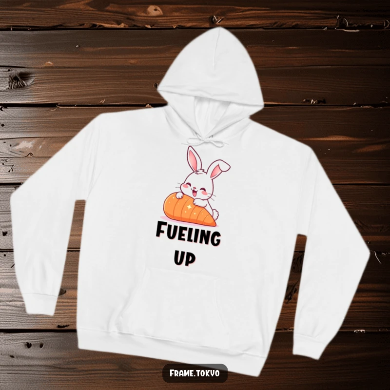 Funny Smiling Rabbit Hoodie with long ears, nibbling a giant sparkling carrot, for cozy humor.