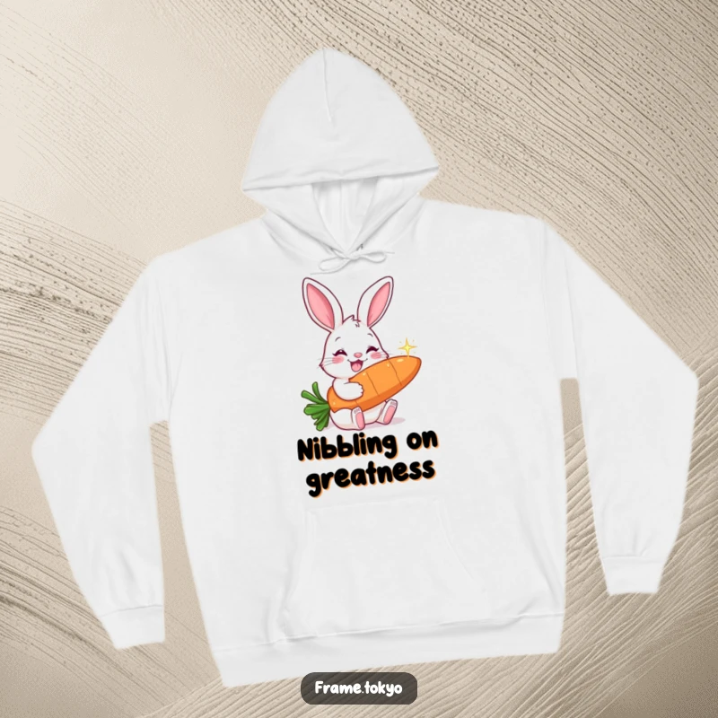 Funny hoodie featuring a happy rabbit with long ears, contentedly nibbling on a large, shimmering carrot.