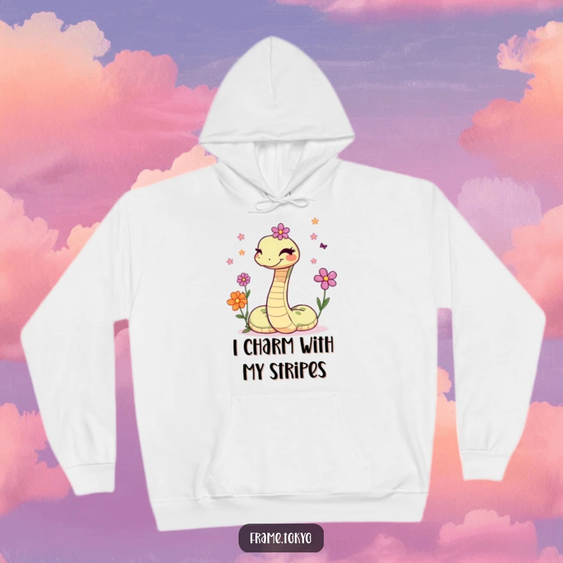 Funny hoodie featuring a smiling snake winking playfully while juggling a colorful assortment of vibrant flowers.