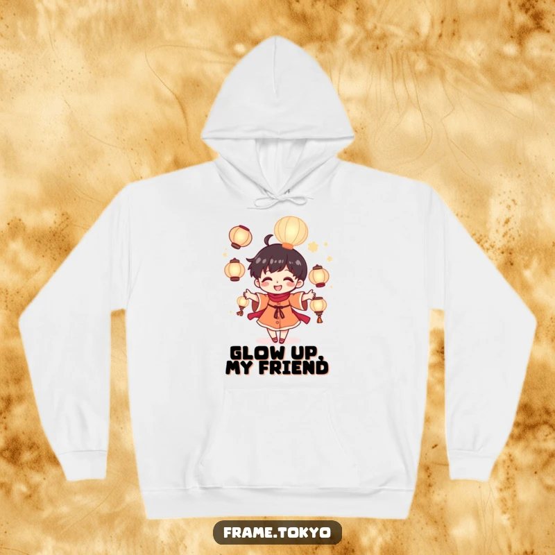 Funny tiny juggler hoodie depicting a joyful character skillfully juggling luminous glowing lanterns, creating a magical scene.