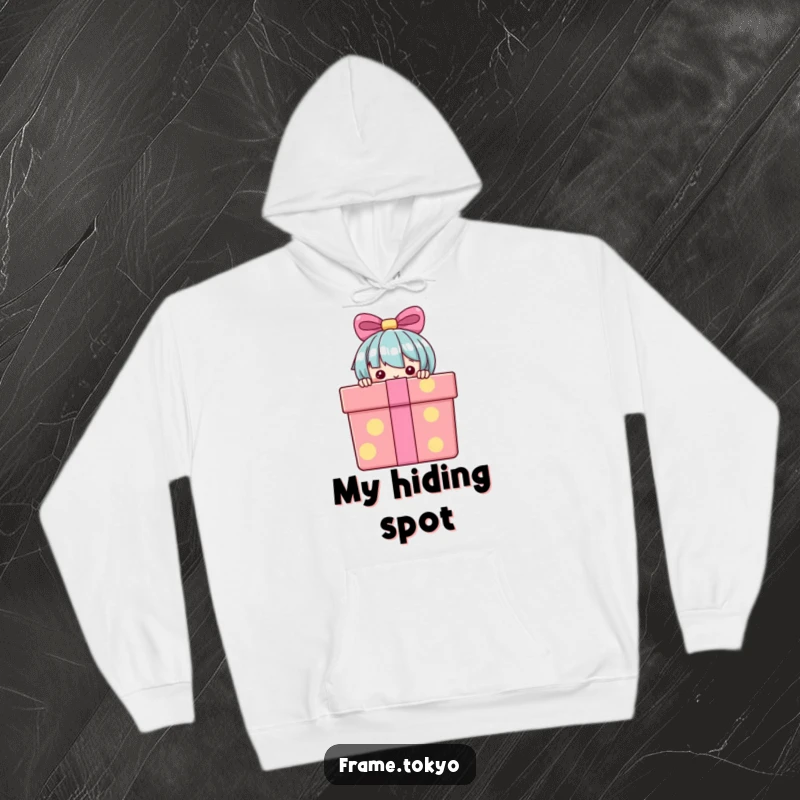 Funny Hoodie showcasing a character peeking over a large, colorful gift box, offering warmth and a hint of playful mystery.