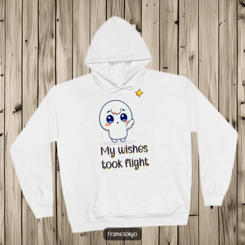 Funny star gazer hoodie depicting a character with wide eyes pointing towards a brilliant falling star, evoking awe.