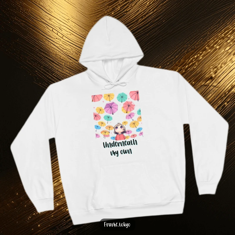 Funny Character Hoodie: Character looking up at a sky of colorful umbrellas, cozy and whimsical apparel.