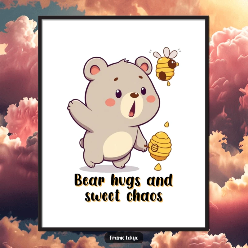 Funny Free Printable Bear Wall Art: Surprised bear expression, chasing a floating, dripping beehive, downloadable decor.