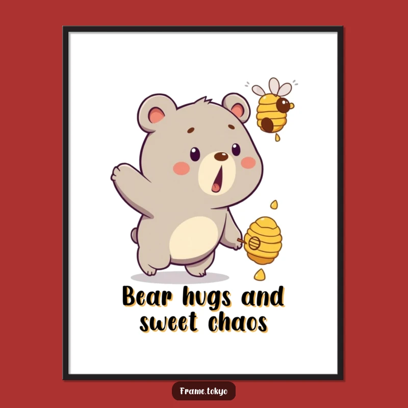 Free Printable Bear Wall Art: Funny Surprised Bear Beehive Chase Downloadable Decor