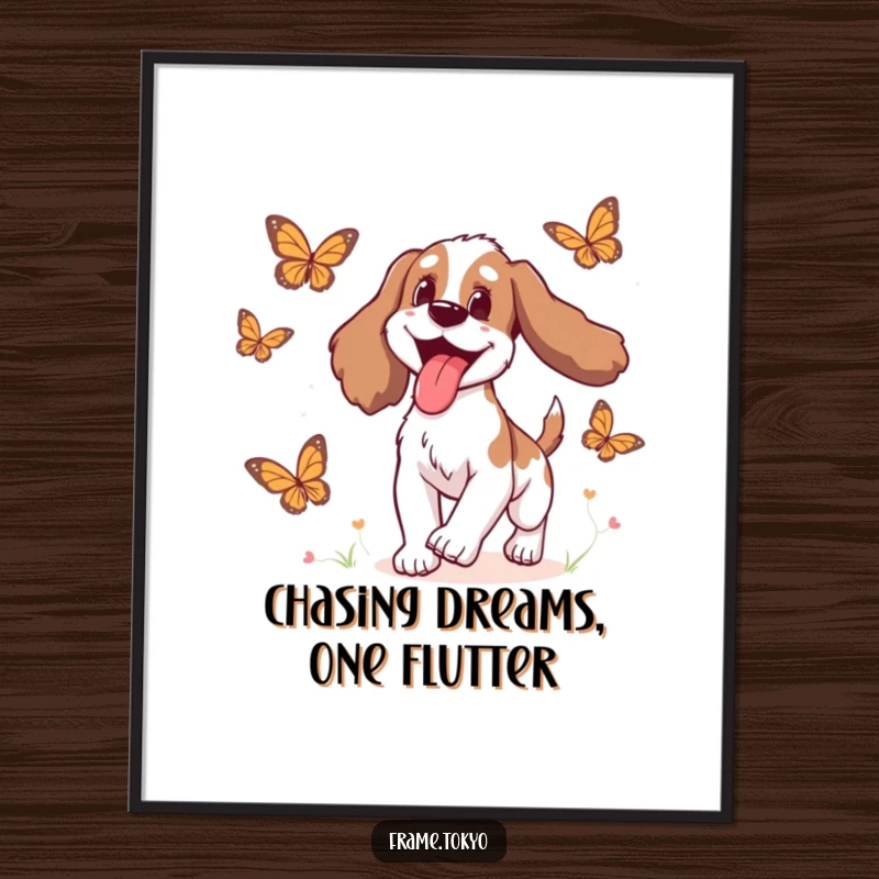 Funny Free Printable Wall Art: A spaniel with its tongue out joyfully chases a cloud of animated butterflies.