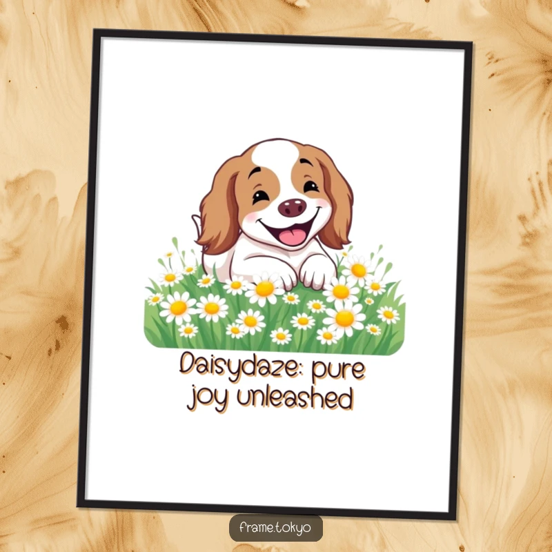 Funny Free Printable Wall Art: A spaniel with a huge smile rolls happily amidst a vibrant daisy field.