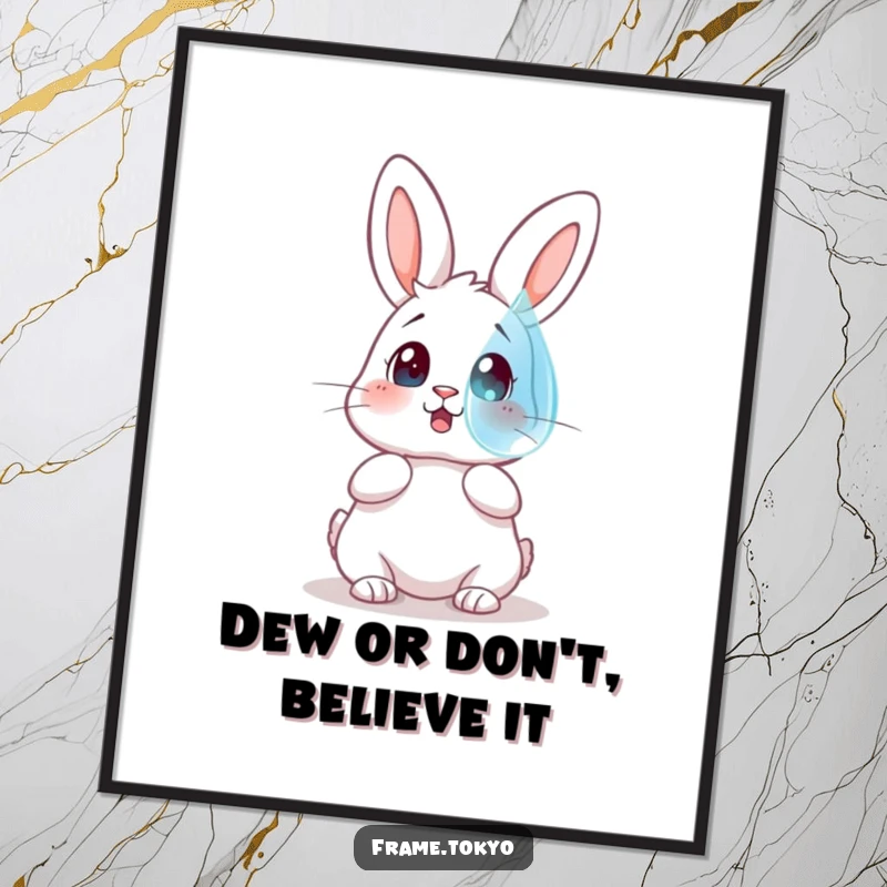 Funny Free Printable Wall Art: A rabbit with a shocked look stares at an enormous, shimmering dewdrop floating magically before it.