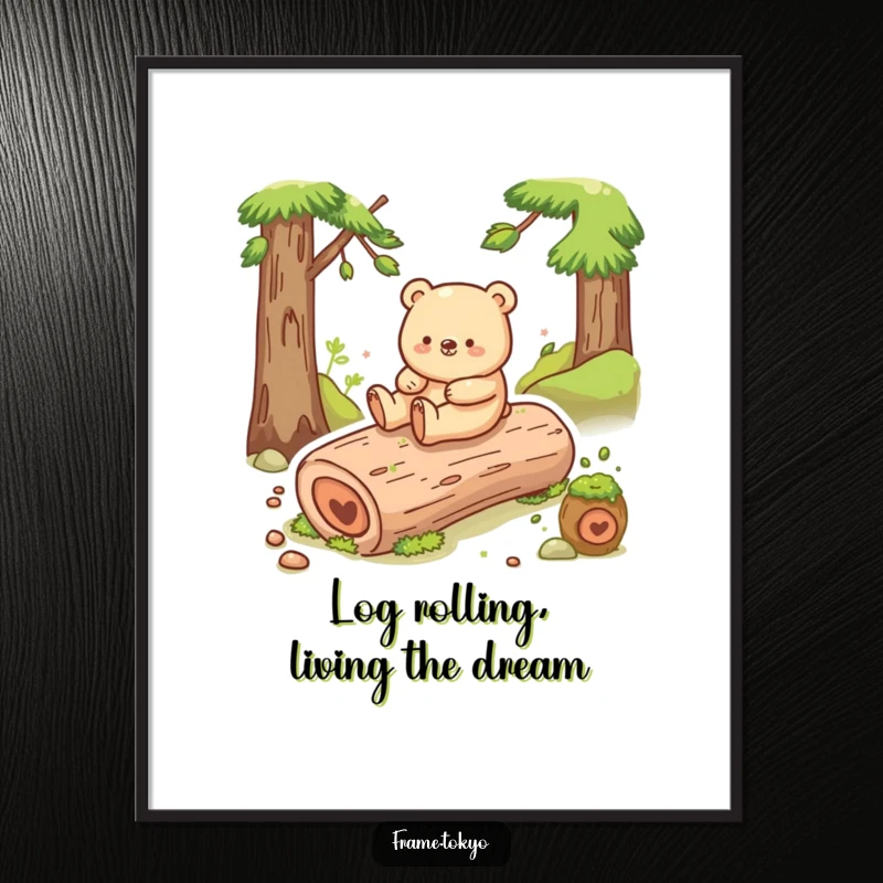 Funny Free Printable Bear Wall Art: Happy bear shuffling and sliding down a smooth, mossy log, downloadable decor.