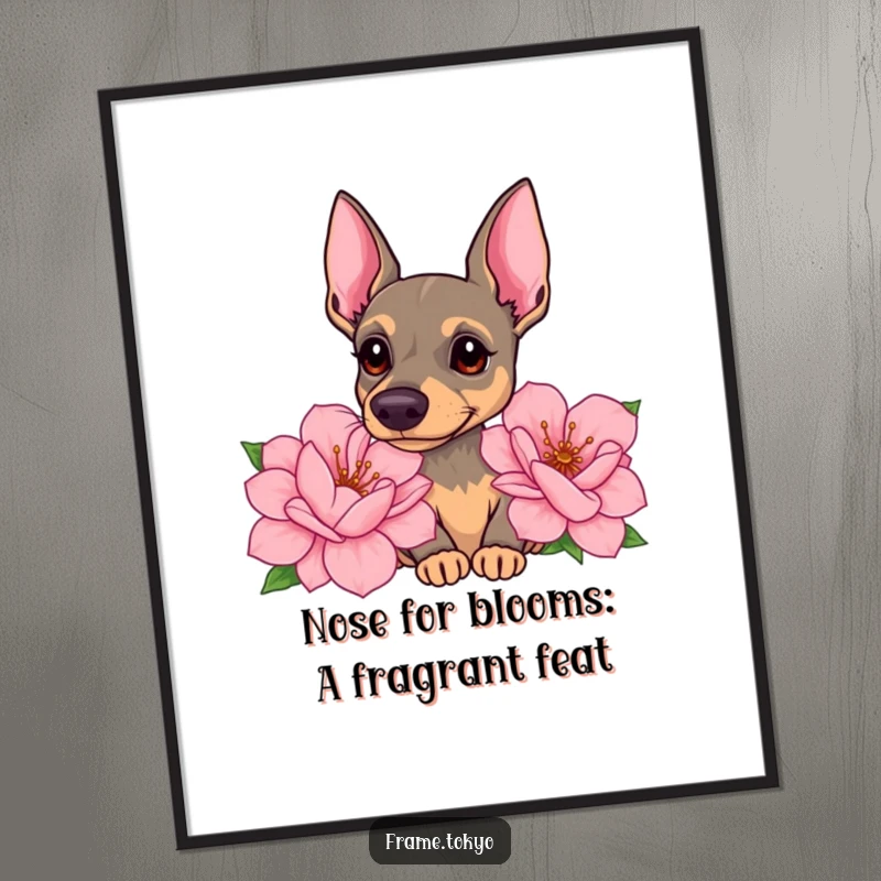 Funny Free Printable Pinscher Wall Art: A Pinscher with a curious head tilt sniffing enormous, sweet-smelling flowers.