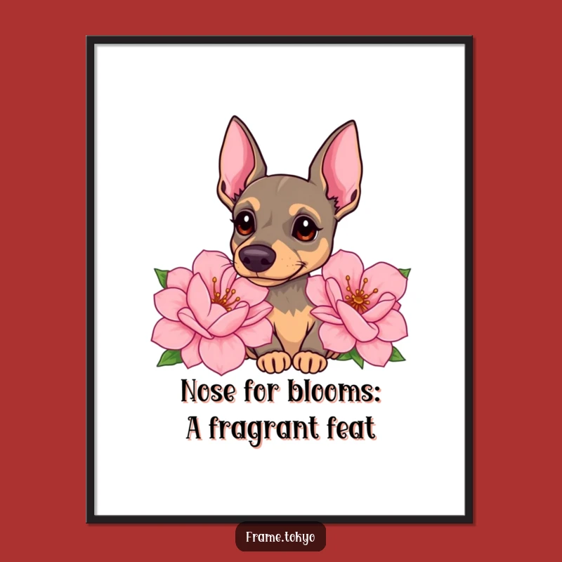 Free Printable Pinscher Wall Art: Curious Dog, Flower Sniffing, Funny Downloadable Poster