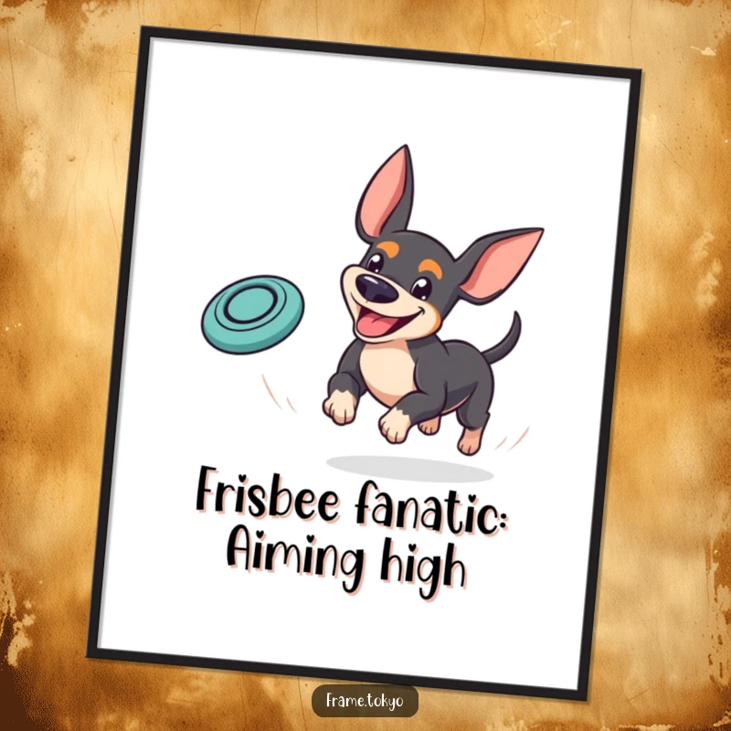 Funny Free Printable Pinscher Wall Art: A Pinscher with a massive goofy grin chasing a small, colorful frisbee.